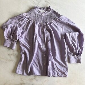 Pomander Place Smocked Ruffle Neck Top Purple Button Down Blouse - M